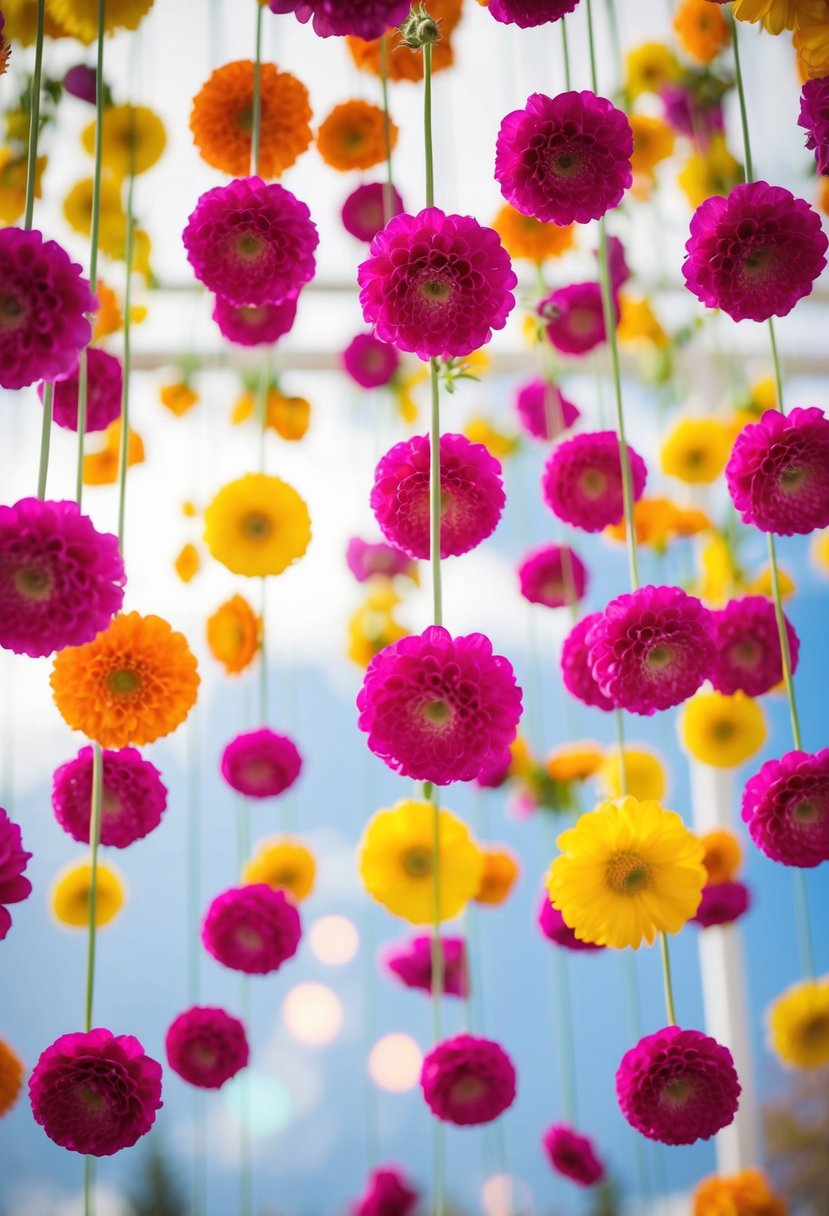 Vibrant flowers suspended in mid-air, creating a dreamy and enchanting atmosphere for a spring wedding