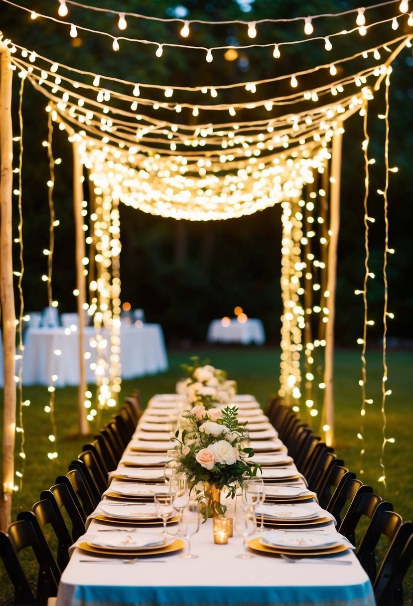 A table adorned with twinkling light curtains, creating a magical ambiance for a summer wedding celebration