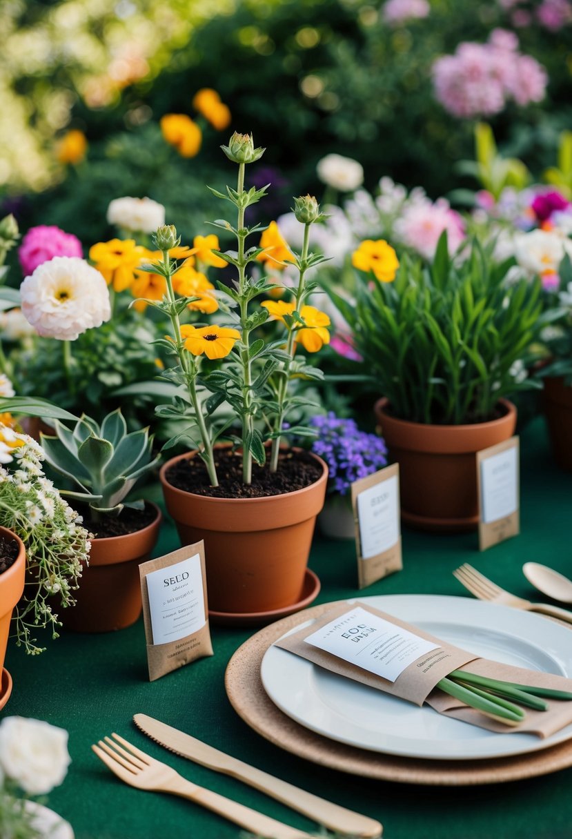 A lush garden with blooming flowers and potted plants, featuring eco-friendly wedding favors such as seed packets and reusable bamboo utensils