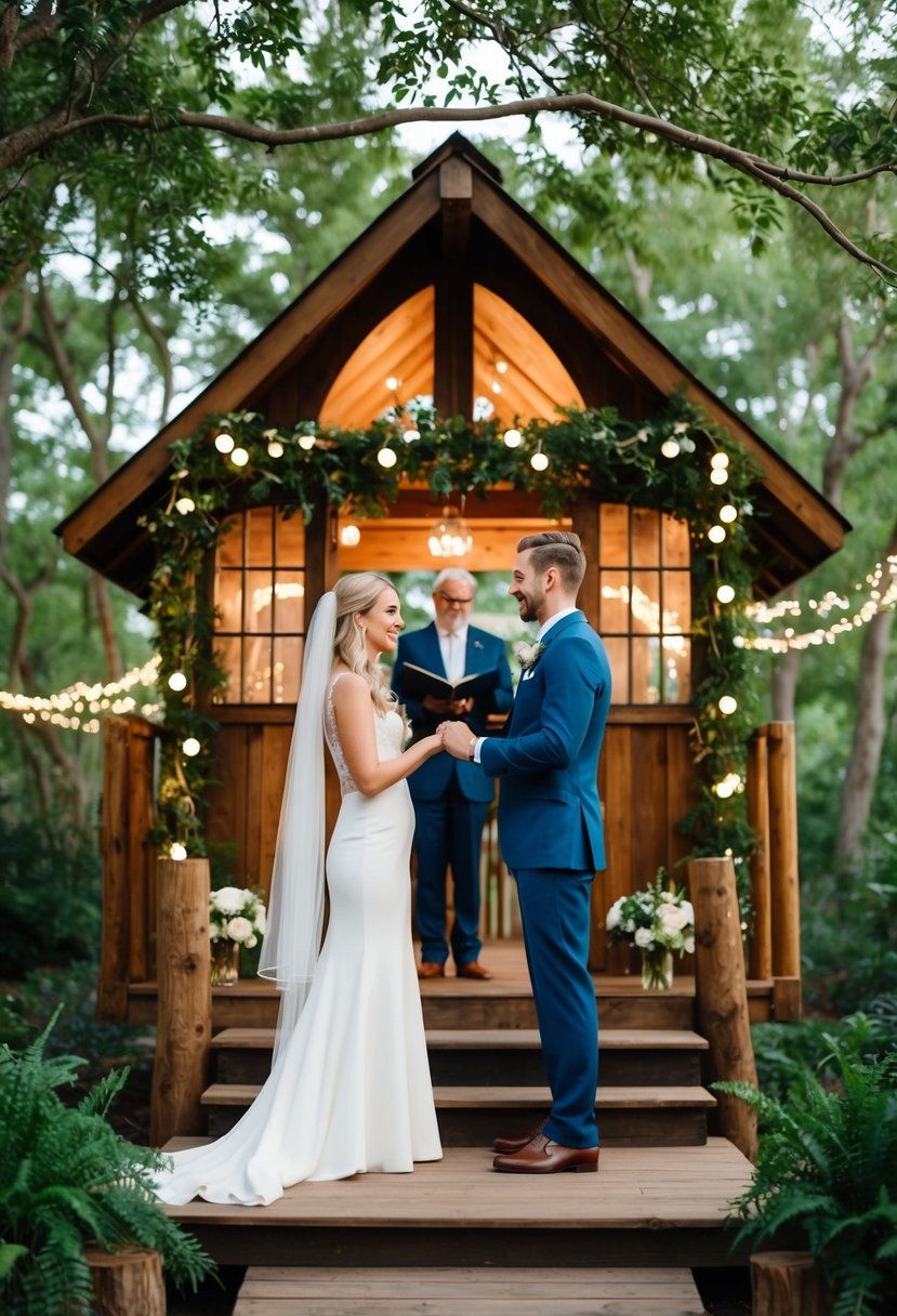 A couple exchanging vows in a whimsical treehouse surrounded by lush greenery and twinkling fairy lights