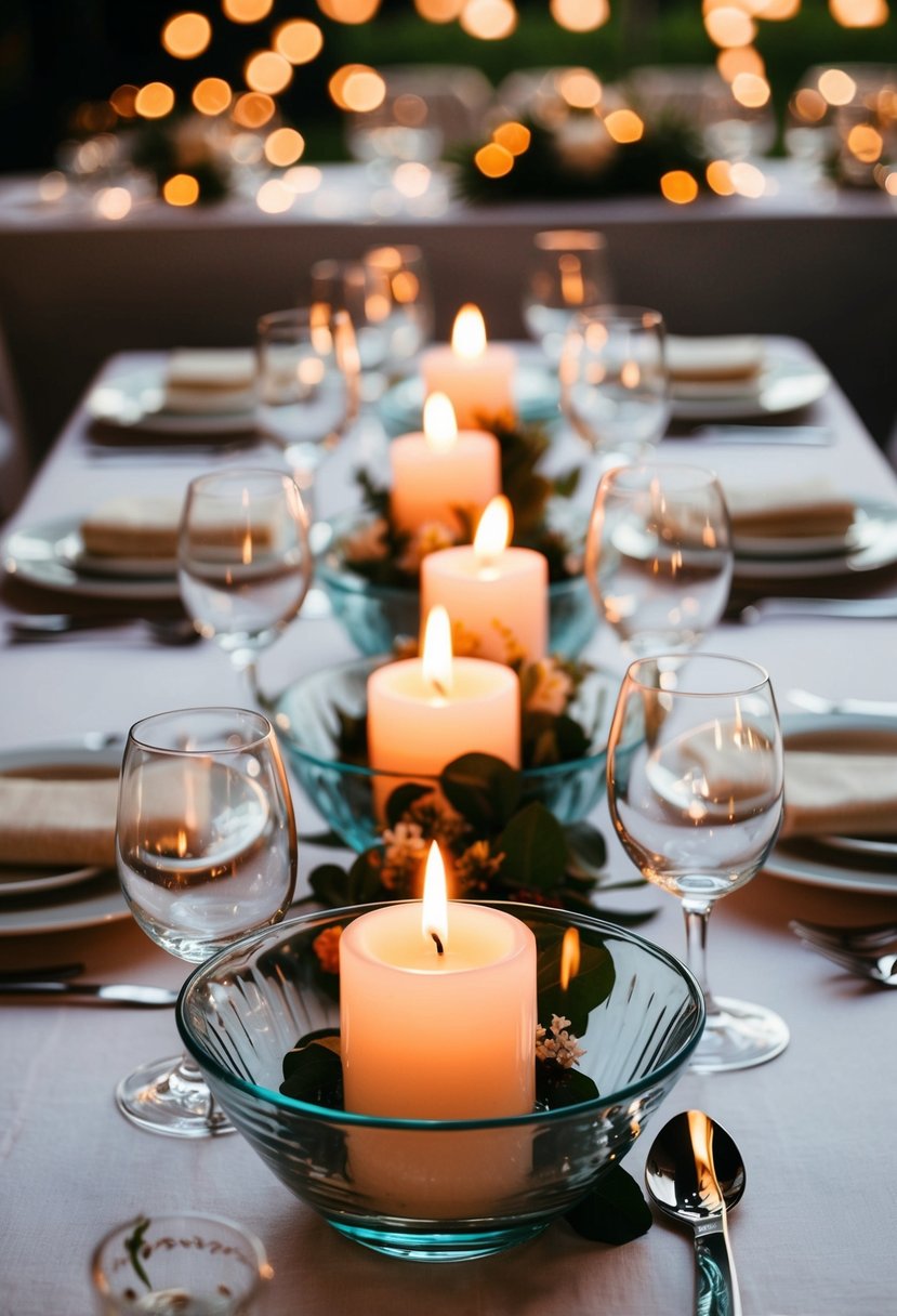 Glass bowls with lit candles create an elegant summer wedding table centerpiece