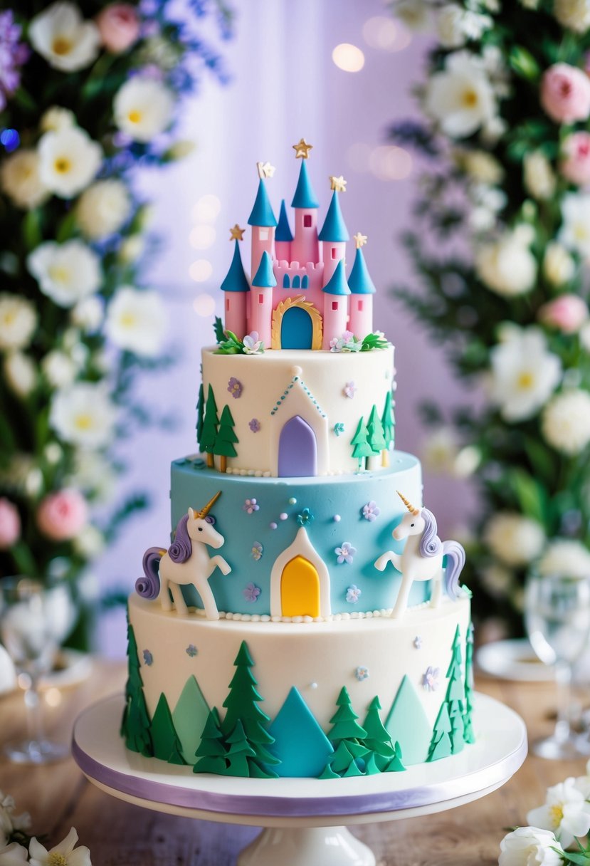 A whimsical wedding cake adorned with fairytale elements like castles, unicorns, and enchanted forests, set against a backdrop of blooming spring flowers