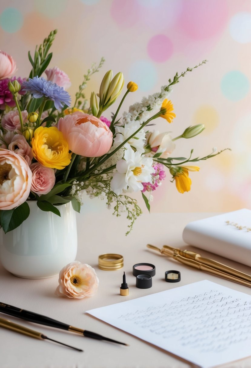 A table adorned with colorful flowers, elegant calligraphy tools, and delicate paper, set against a backdrop of soft pastel hues