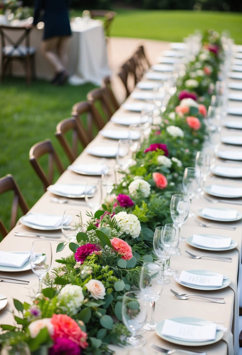 A long garland centerpiece adorns a summer wedding table, featuring lush greenery and vibrant blooms, creating a romantic and elegant atmosphere