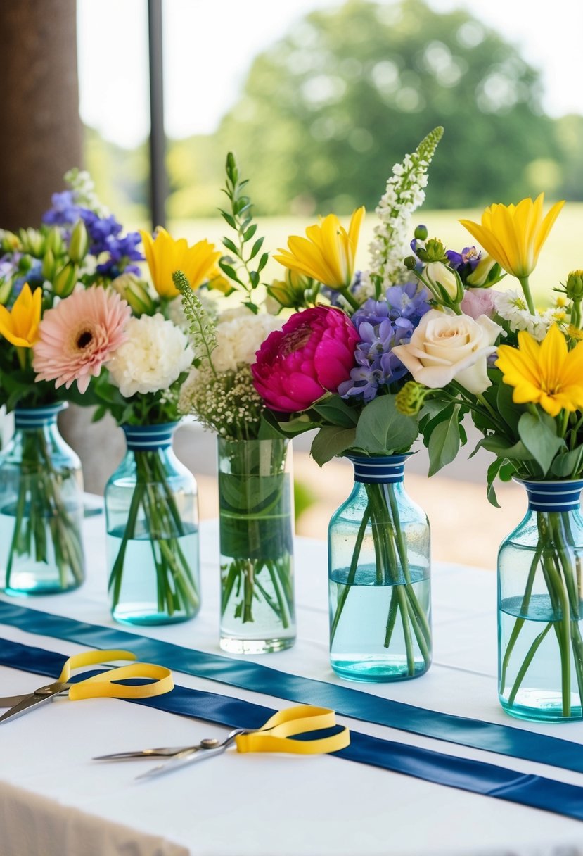 A table with vases, fresh flowers, scissors, and ribbons arranged for a DIY flower arranging station at a wedding