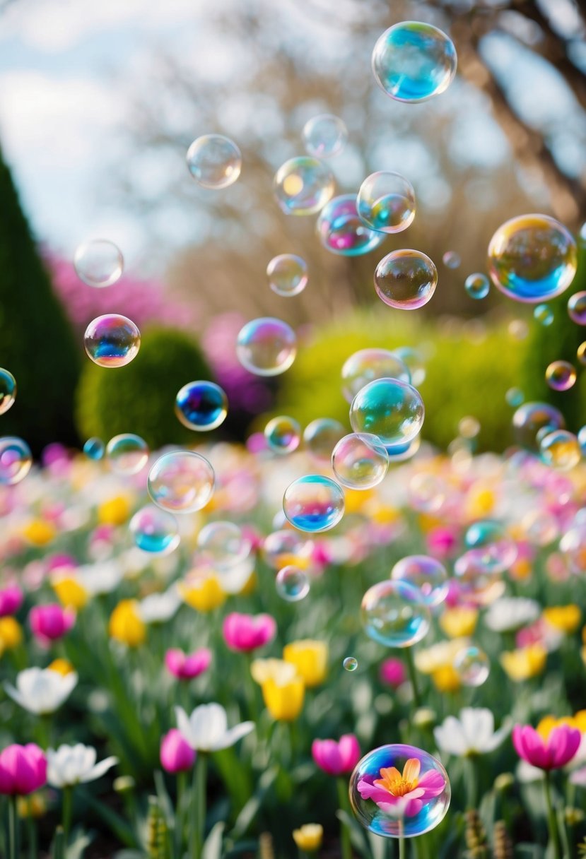 Colorful bubbles float around a blooming garden, creating a whimsical and joyful atmosphere for a spring wedding ceremony