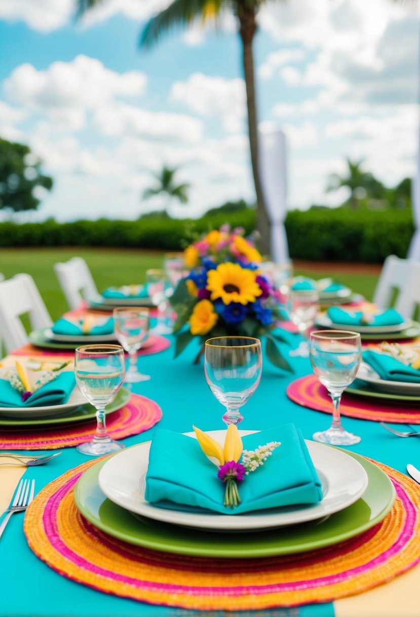 A table set with vibrant placemats and coordinating napkins for a summer wedding celebration