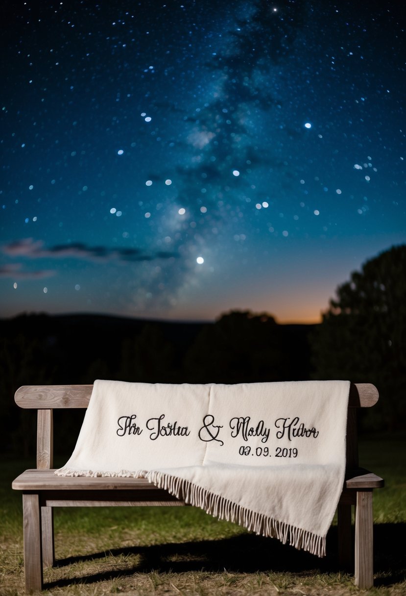 A cozy blanket with the couple's names and wedding date embroidered on it, draped over a rustic wooden bench under a starry night sky