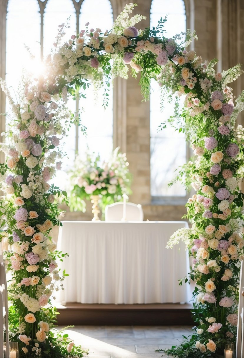 A floral arch made of pastel spring flowers and greenery stands at the altar, with soft sunlight filtering through the delicate petals