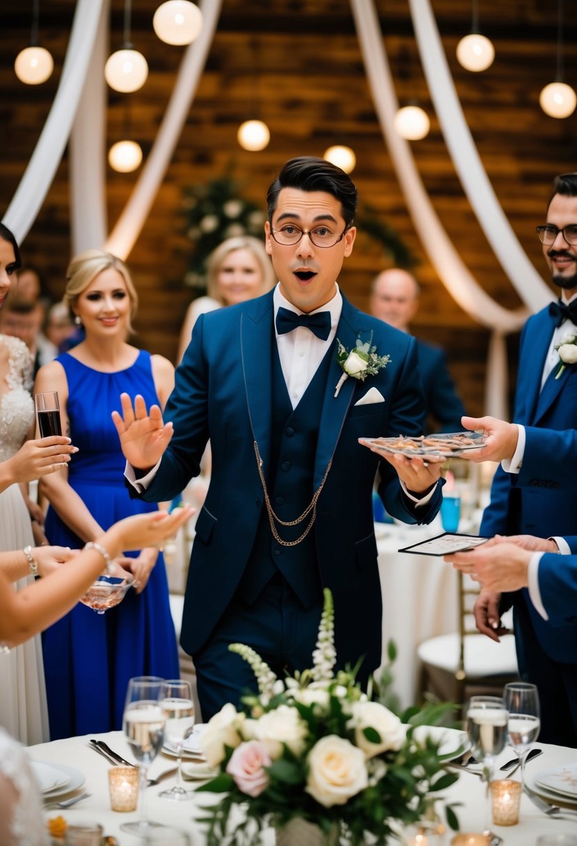 A magician performs tricks amidst wedding decor, captivating guests with sleight of hand and illusions