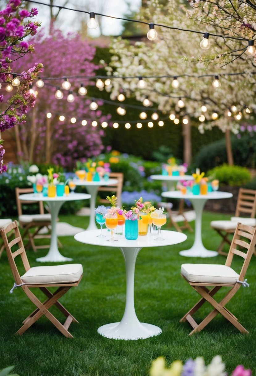 A garden filled with blooming flowers, string lights, and elegant cocktail tables set with colorful spring-themed drinks