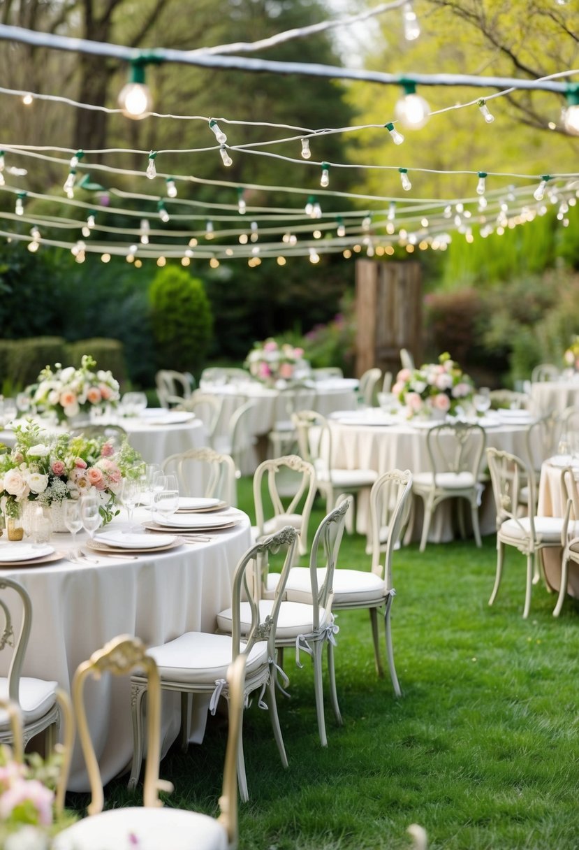 A garden filled with blooming flowers, vintage furniture, and delicate string lights, set up for a spring wedding celebration