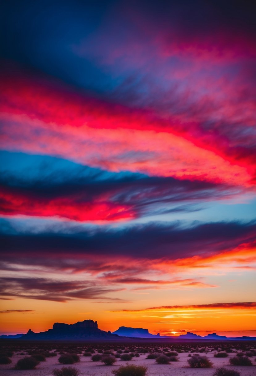 A vibrant sunset over a desert landscape with bold, contrasting colors and unique shapes