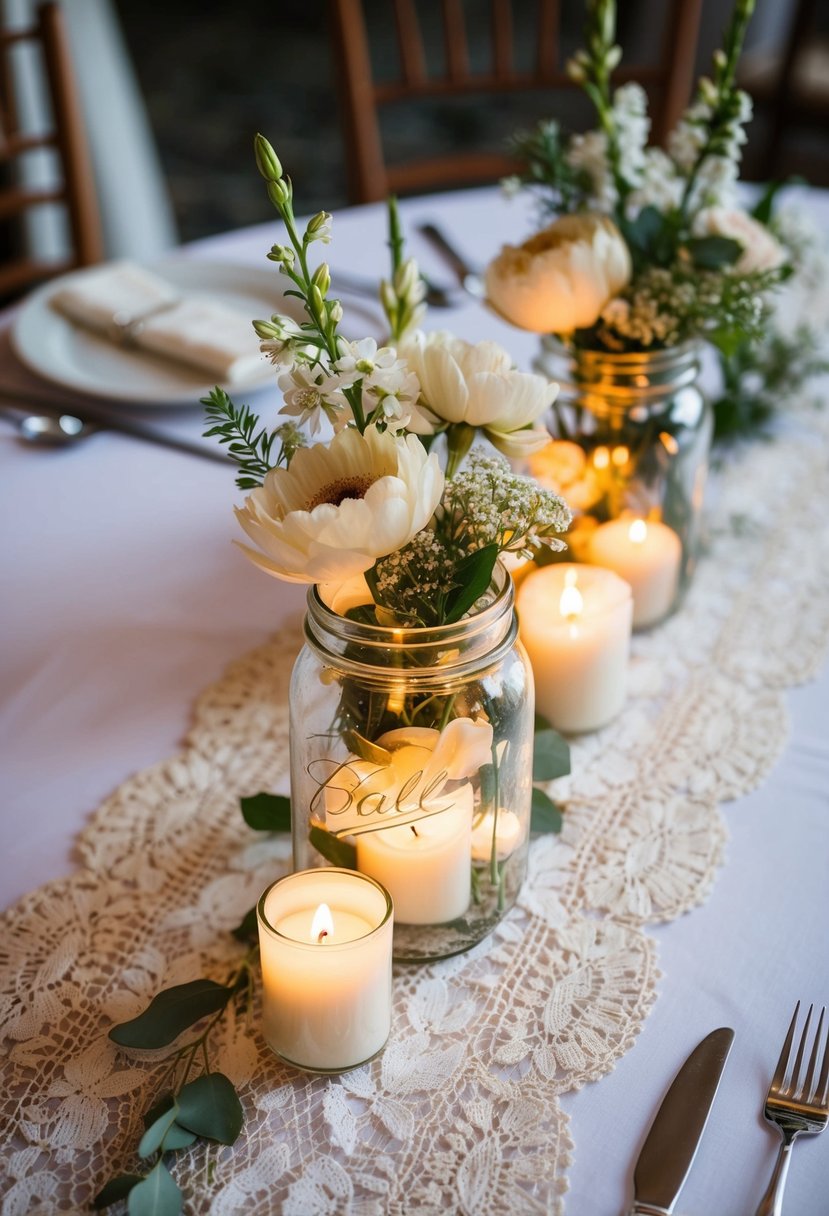 A glass jar filled with flowers and surrounded by candles sits atop a lace table runner, creating a romantic wedding centerpiece