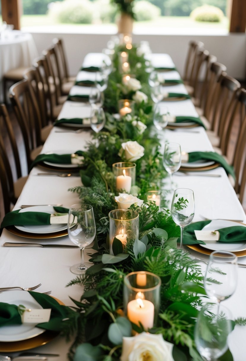 Lush greenery runners overlap on a wedding table, creating a natural and elegant decoration idea