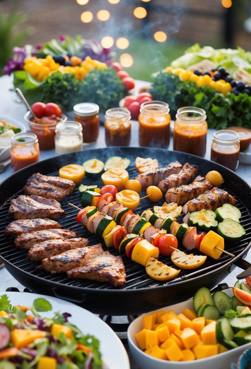 A colorful array of grilled meats, vegetables, and fruits sizzling on the BBQ, surrounded by jars of homemade sauces and platters of fresh salads and sides