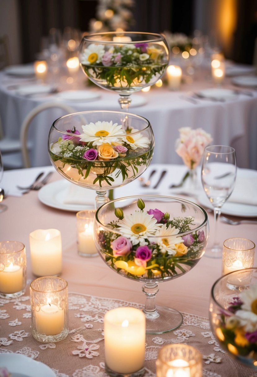 Floating flower-filled glass bowls atop a wedding reception table, surrounded by soft candlelight and delicate lace accents