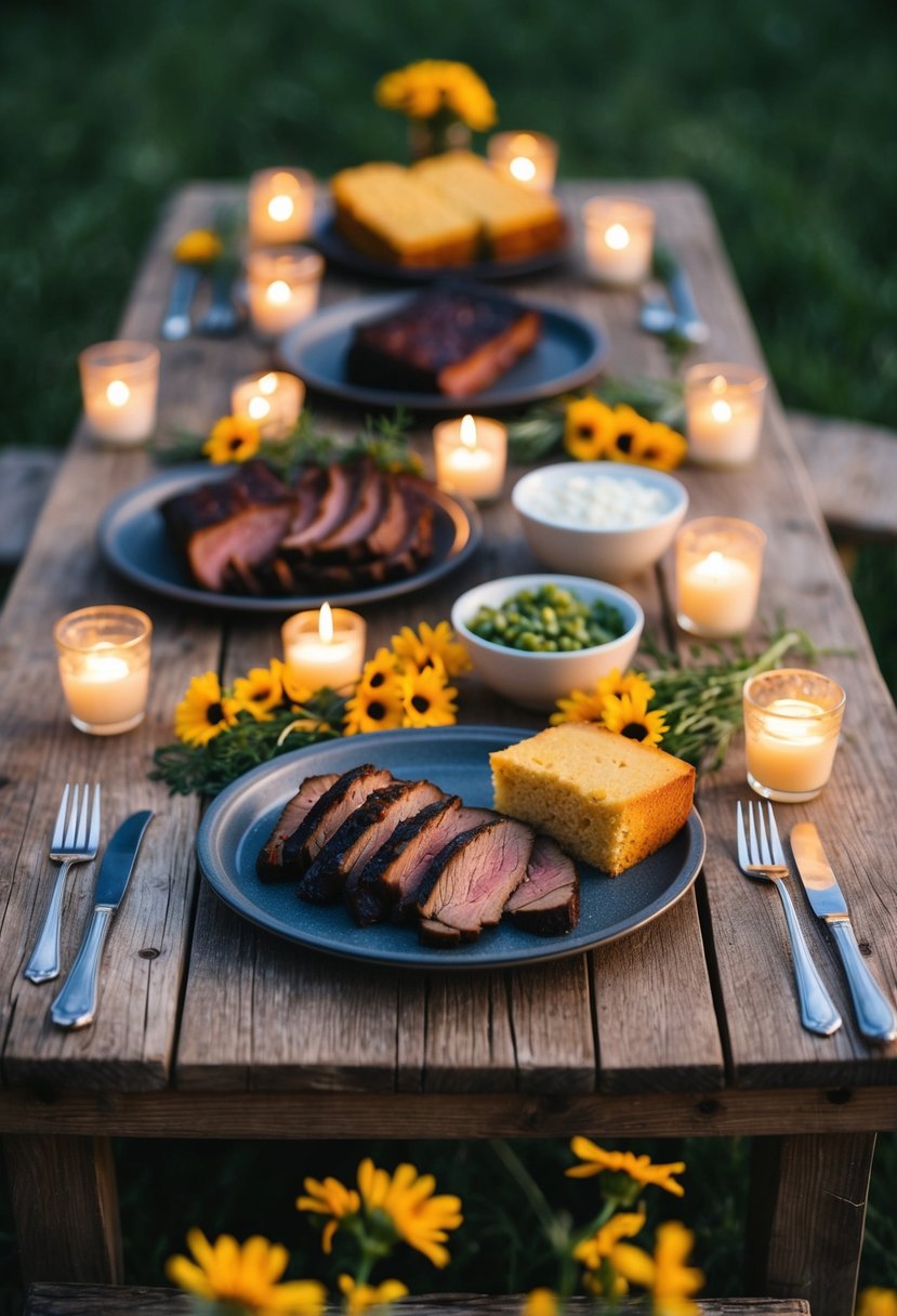 A rustic wooden table adorned with platters of smoked brisket, cornbread, and savory sides, surrounded by flickering candlelight and wildflowers