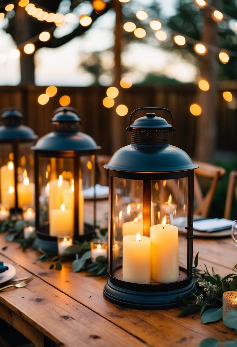 A rustic wooden table adorned with vintage lanterns filled with flickering candles, creating a warm and romantic ambiance for a wedding celebration