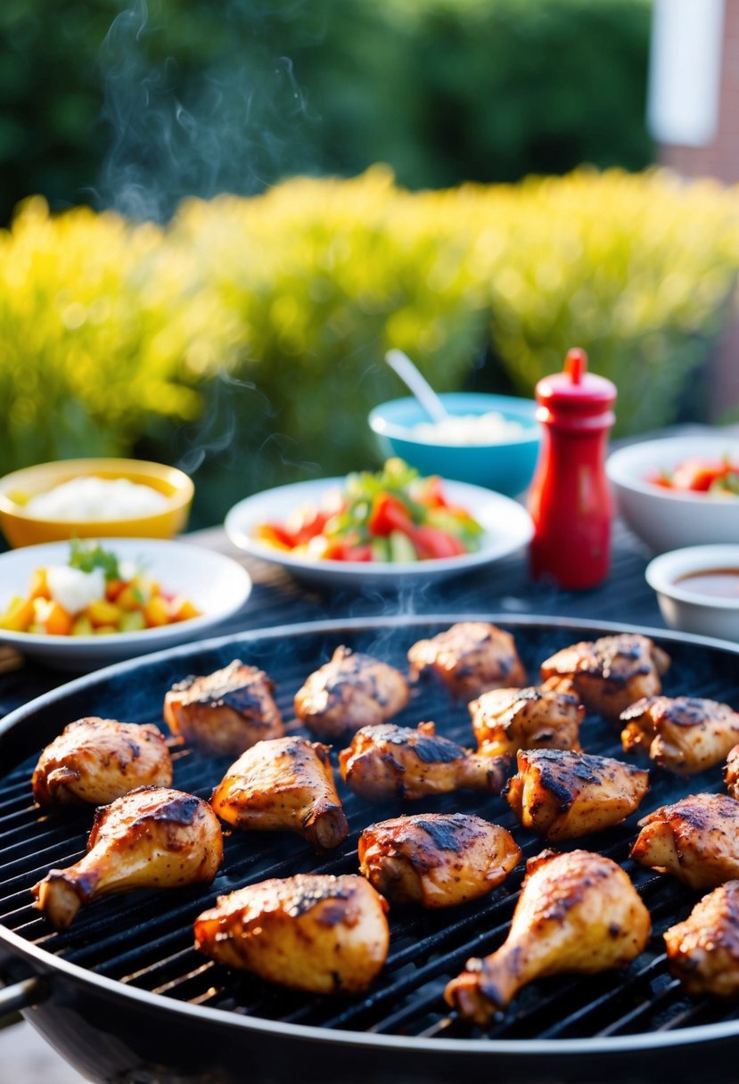 A sizzling barbecue grill with perfectly charred chicken pieces, surrounded by colorful side dishes and condiments