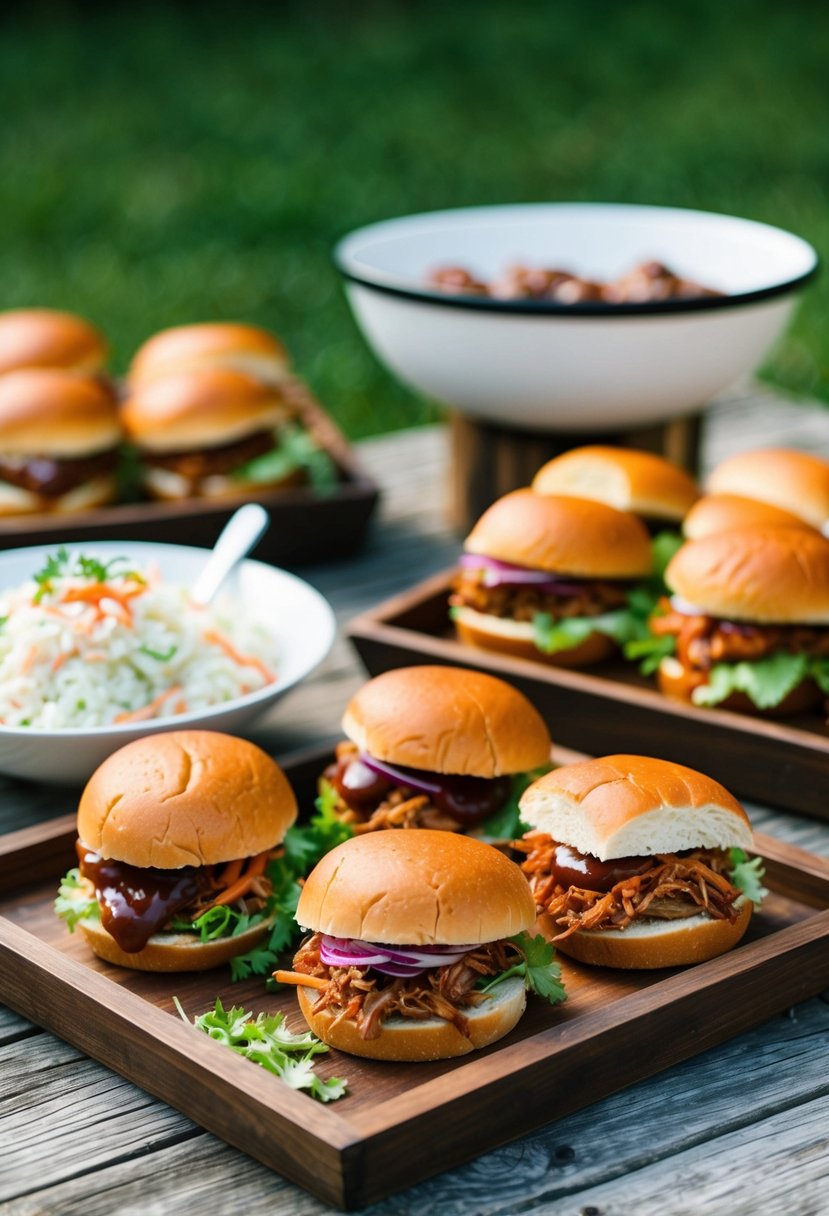 A rustic outdoor wedding buffet with pulled pork sandwiches, BBQ sauce, and fresh coleslaw on wooden serving trays