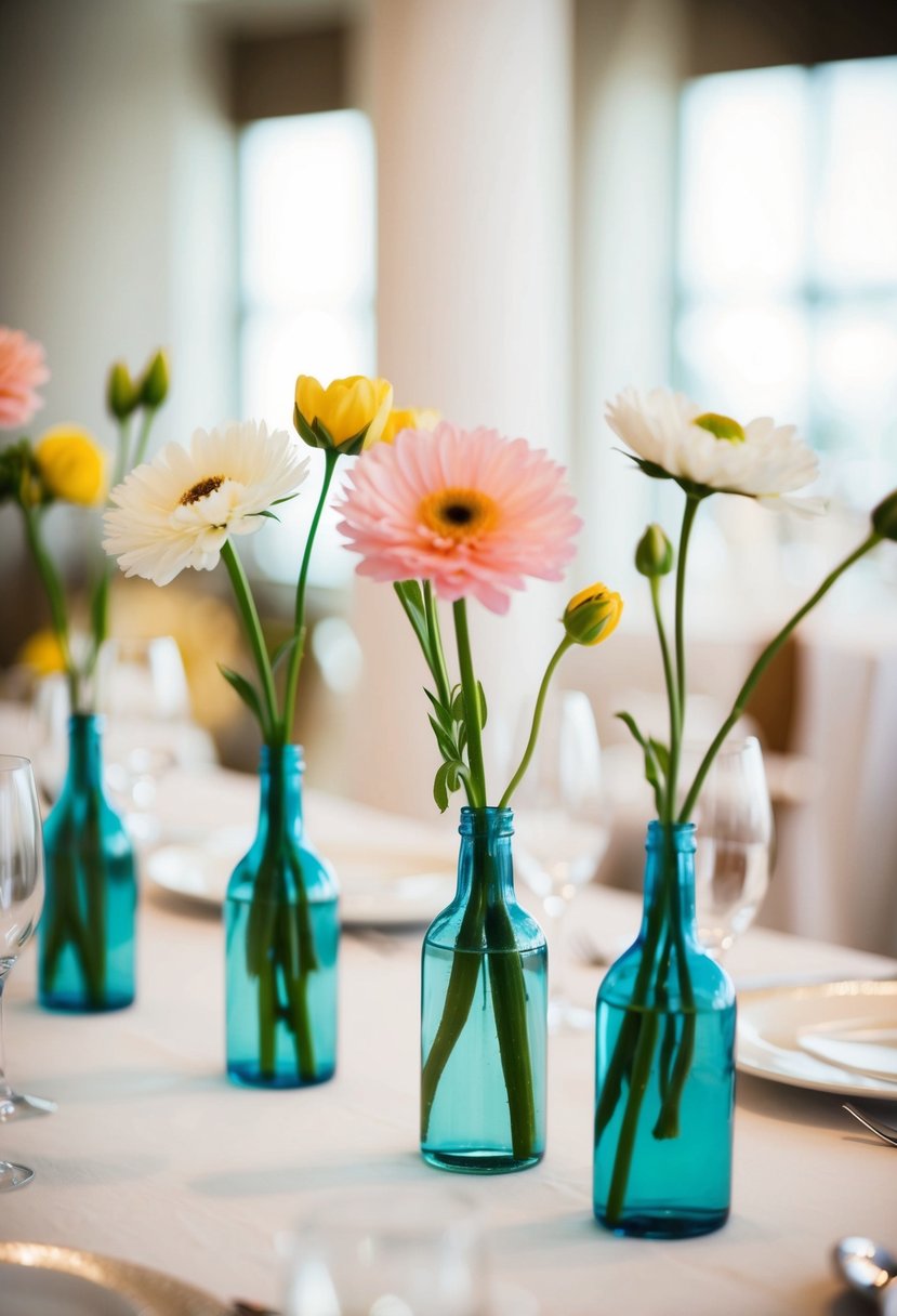 Bud vases with single blooms arranged on a wedding table