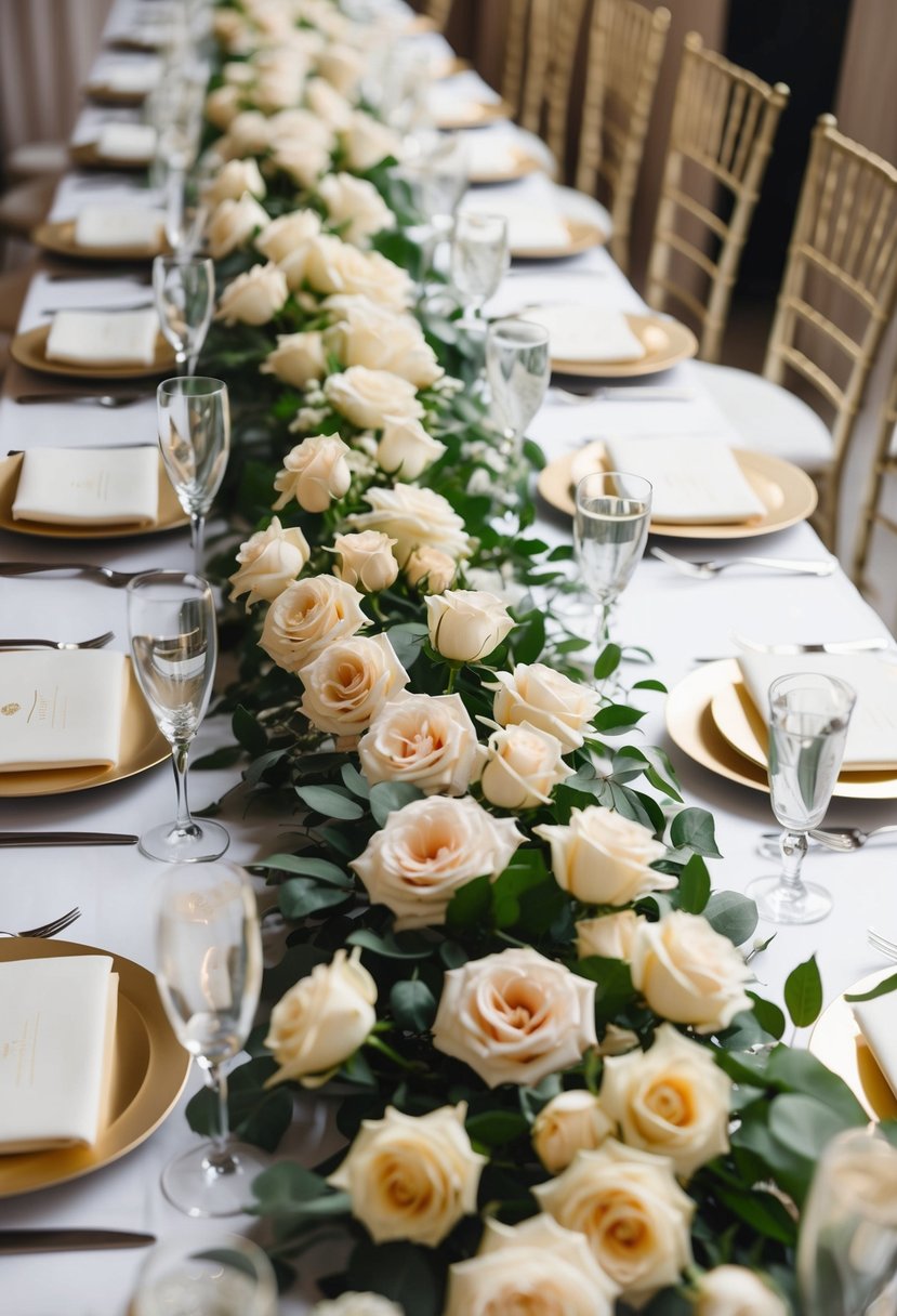 Long garlands of delicate roses drape elegantly across a wedding table, creating a romantic and luxurious atmosphere