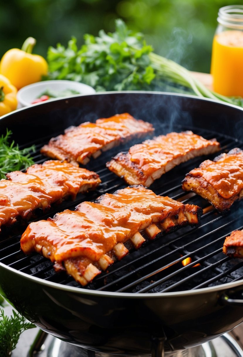 A grill sizzling with racks of ribs slathered in homemade BBQ sauce, surrounded by fresh herbs and vegetables