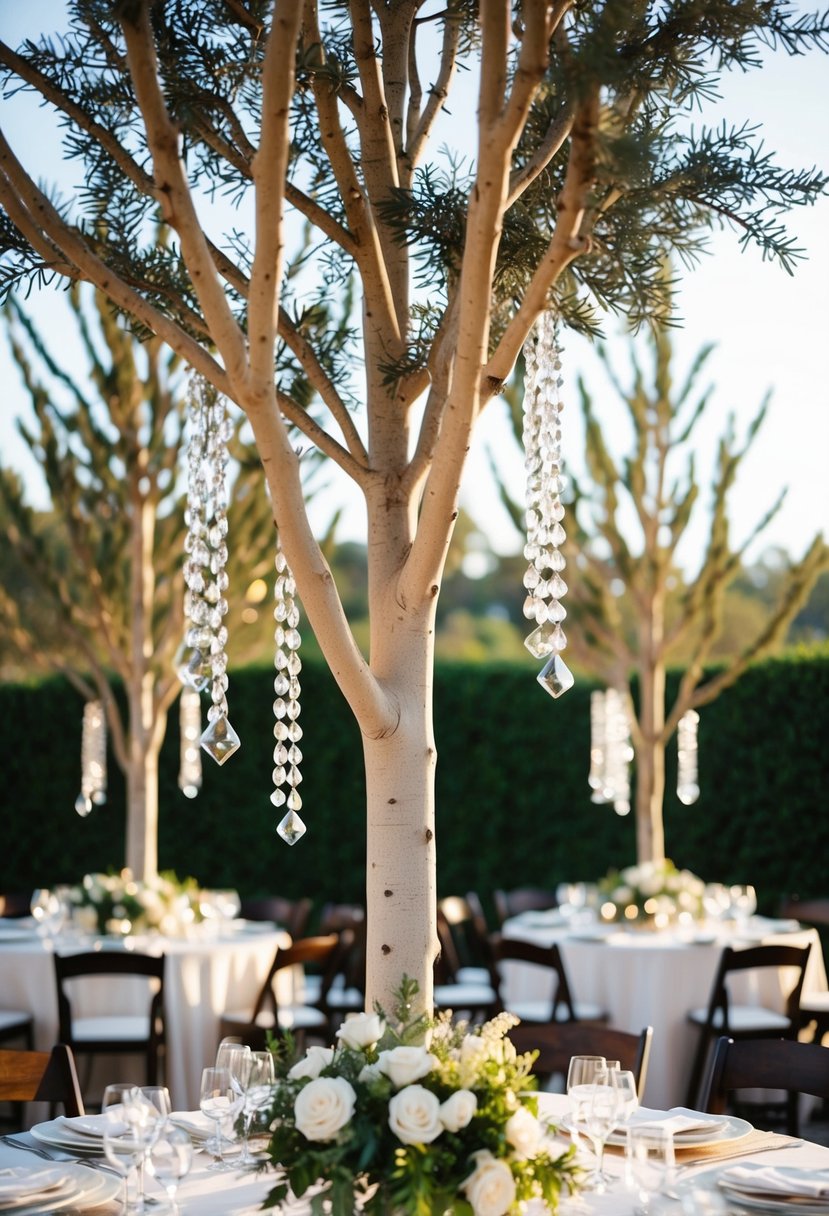 Tall manzanita trees adorned with hanging crystals create a stunning wedding table centerpiece