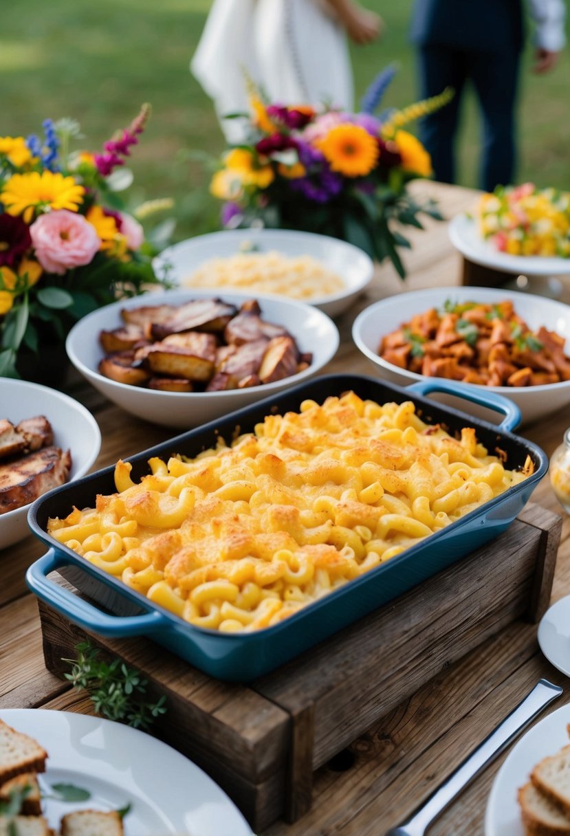 A rustic outdoor wedding buffet with a steaming tray of baked macaroni and cheese, surrounded by BBQ-inspired menu items and colorful floral decor