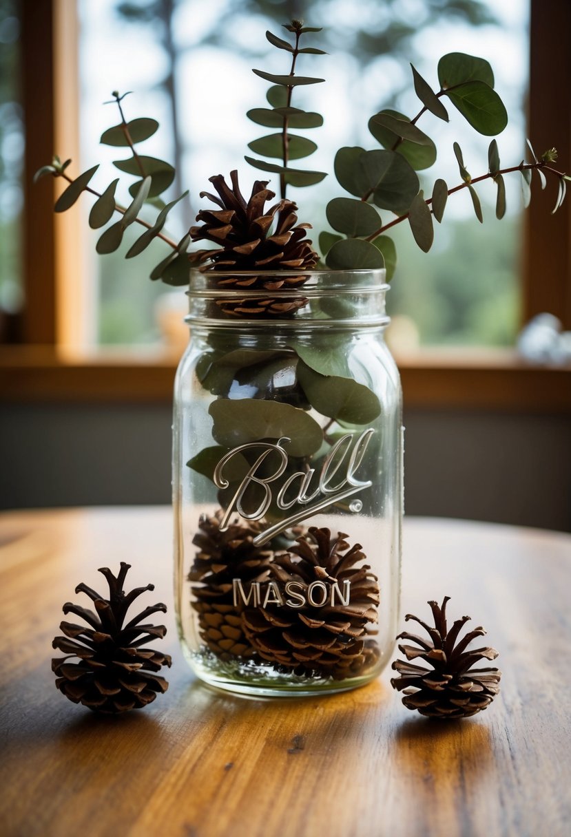 A mason jar filled with eucalyptus and pine cones on a wooden table