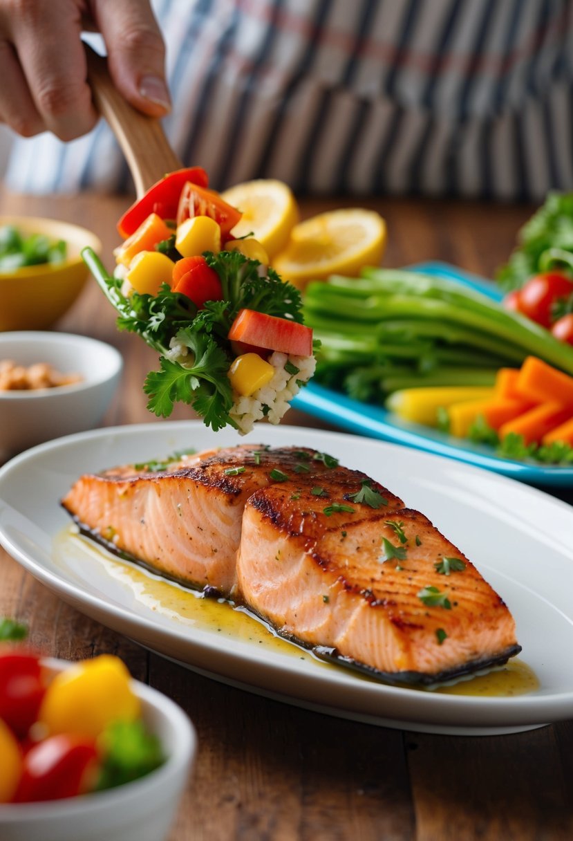 A sizzling piece of grilled salmon is being carefully placed on a white plate, surrounded by vibrant, fresh vegetables and a colorful array of condiments