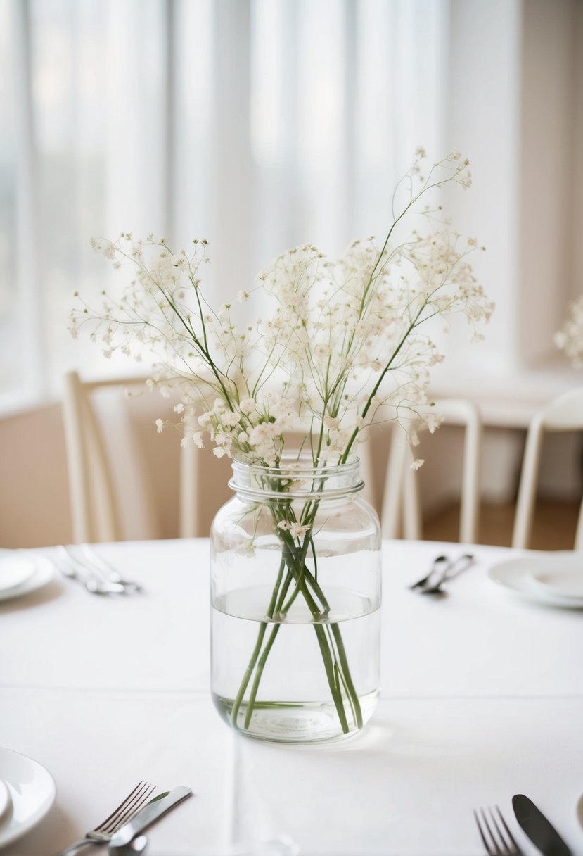 A minimalist white table setting with a clear glass jar filled with delicate flowers, creating a simple and elegant wedding table decoration