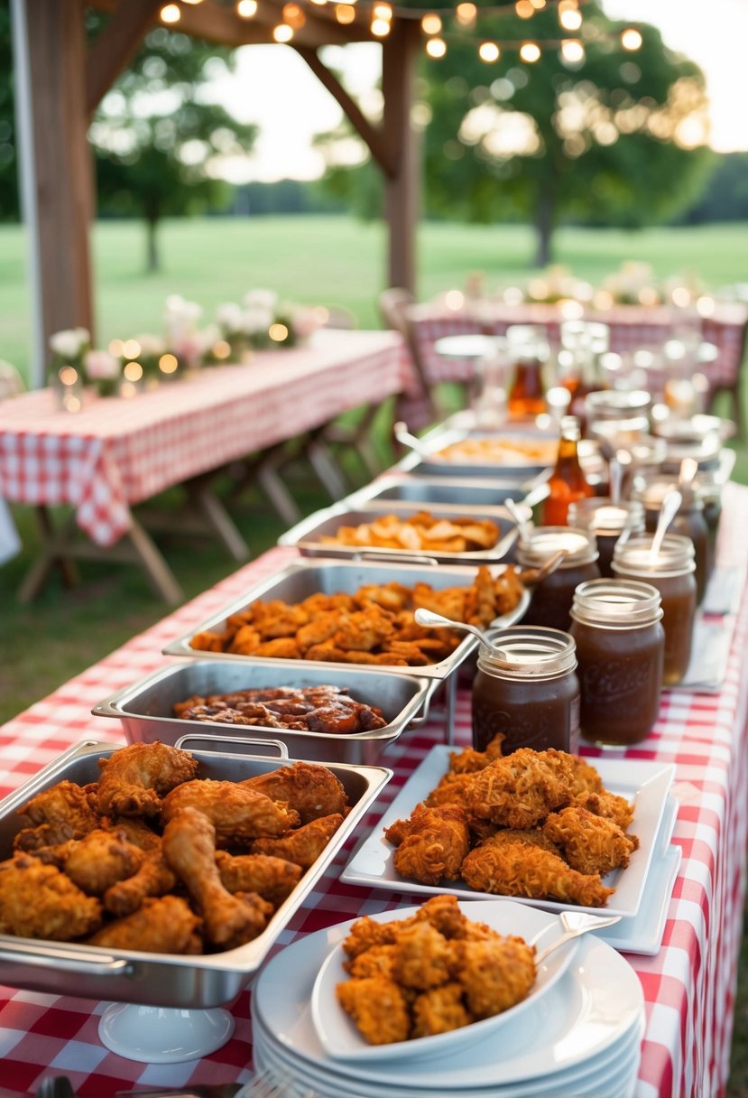 A rustic outdoor wedding reception with a buffet table featuring a spread of Southern Fried Chicken and BBQ menu items. Tables are adorned with checkered tablecloths and mason jar centerpieces