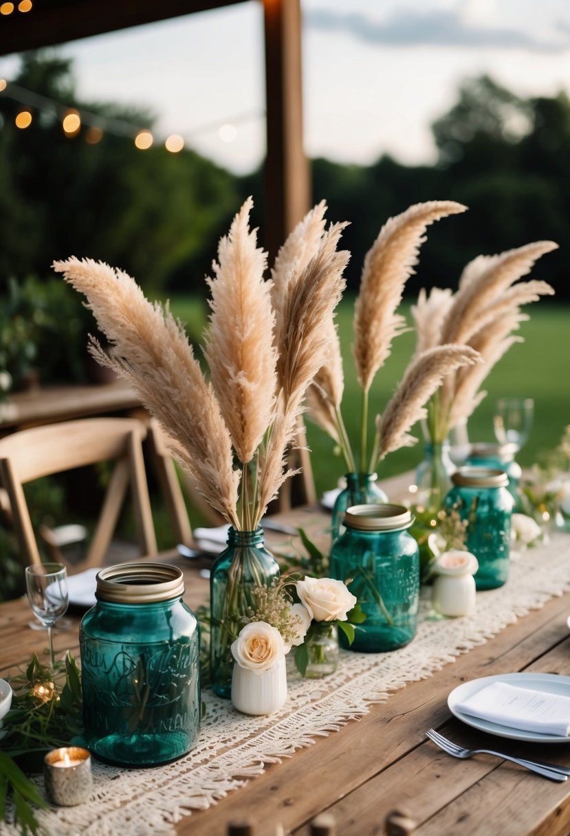 A rustic wooden table adorned with pampas grass and boho chic jar arrangements, creating a romantic wedding centerpiece