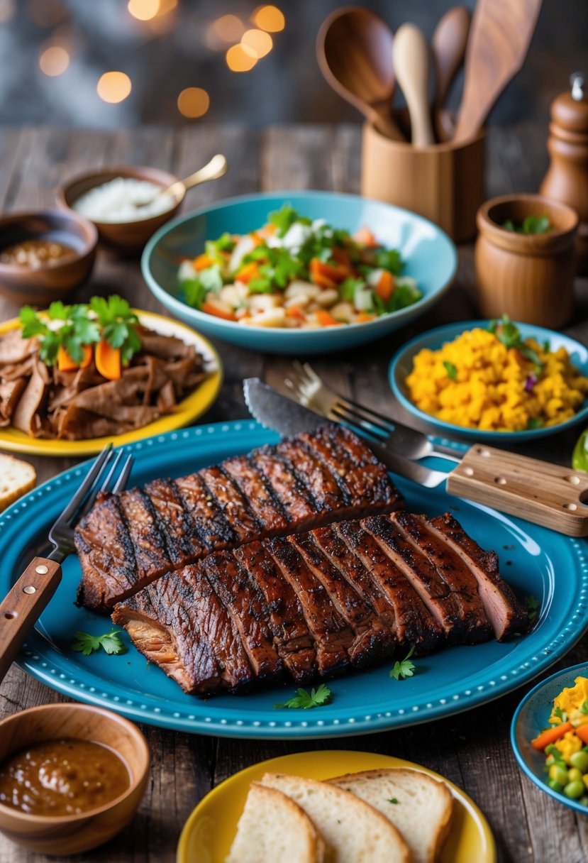 A platter of BBQ beef brisket with charred grill marks, surrounded by rustic wooden serving utensils and a spread of colorful side dishes