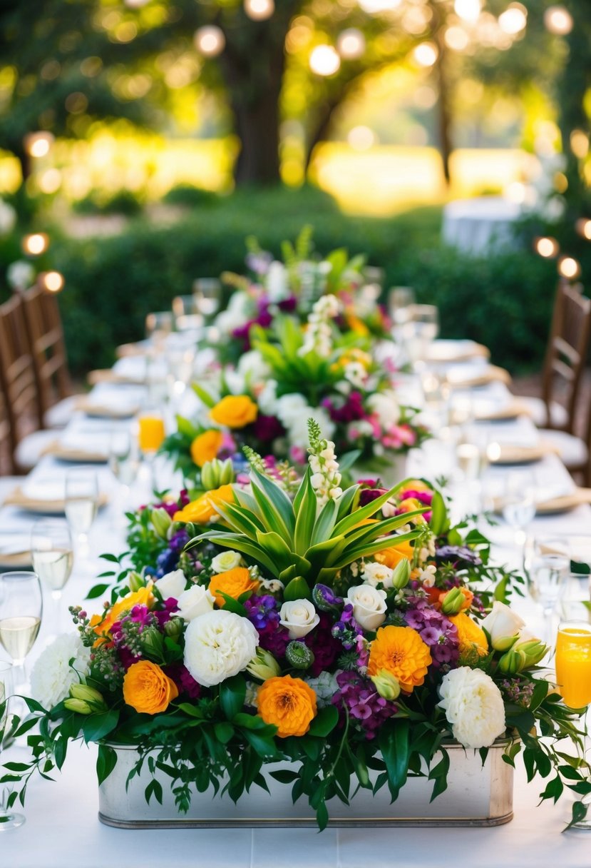 A table adorned with overflowing compotes of lush, colorful flowers for a wedding decoration