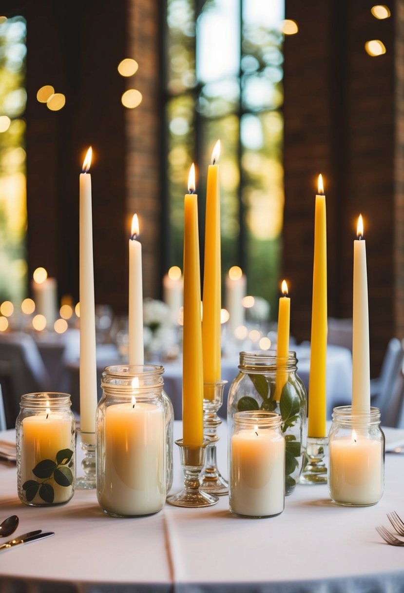 A variety of candles of different heights are arranged in glass jars as wedding table decorations