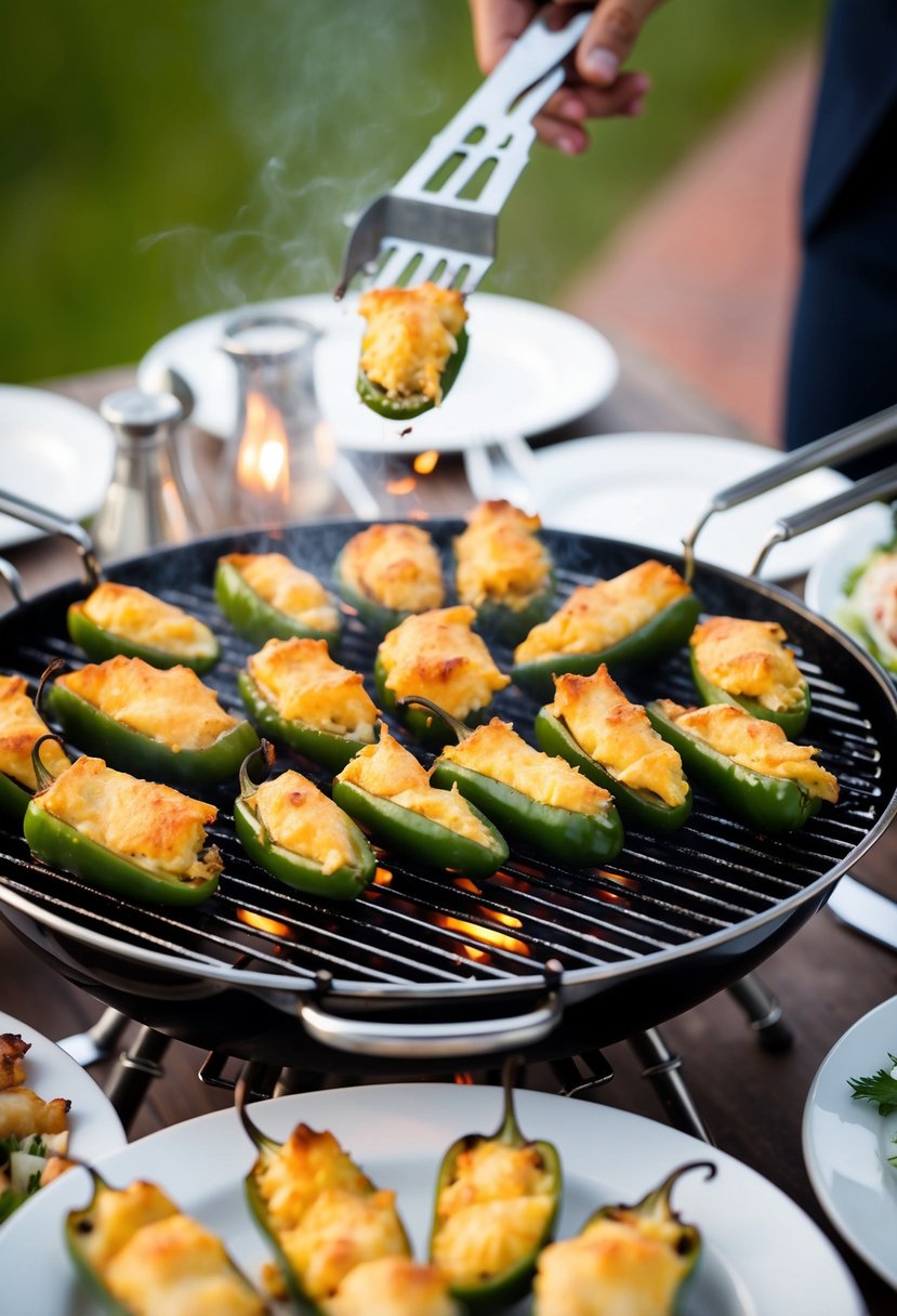 A platter of sizzling jalapeño poppers being grilled over a barbecue, surrounded by various wedding menu items