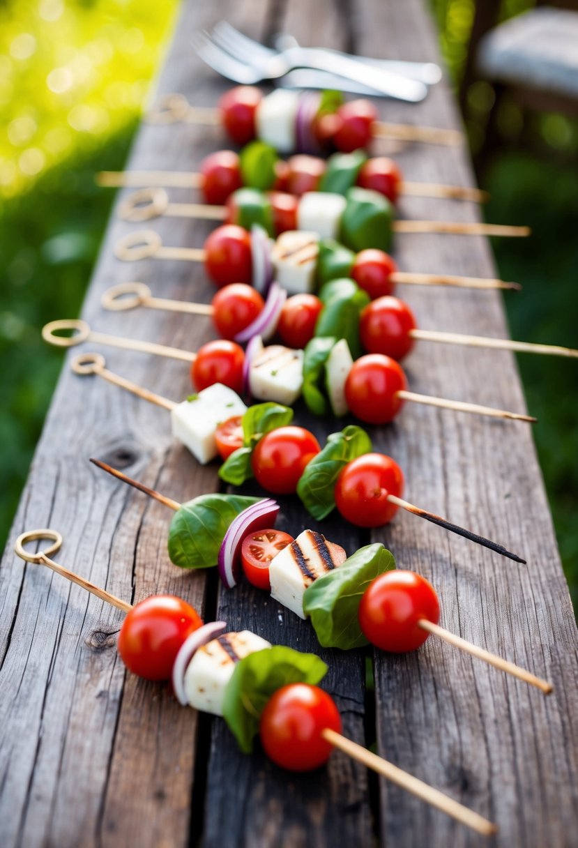 A rustic wooden table adorned with Caprese skewers, grilled and ready to be served at a wedding BBQ