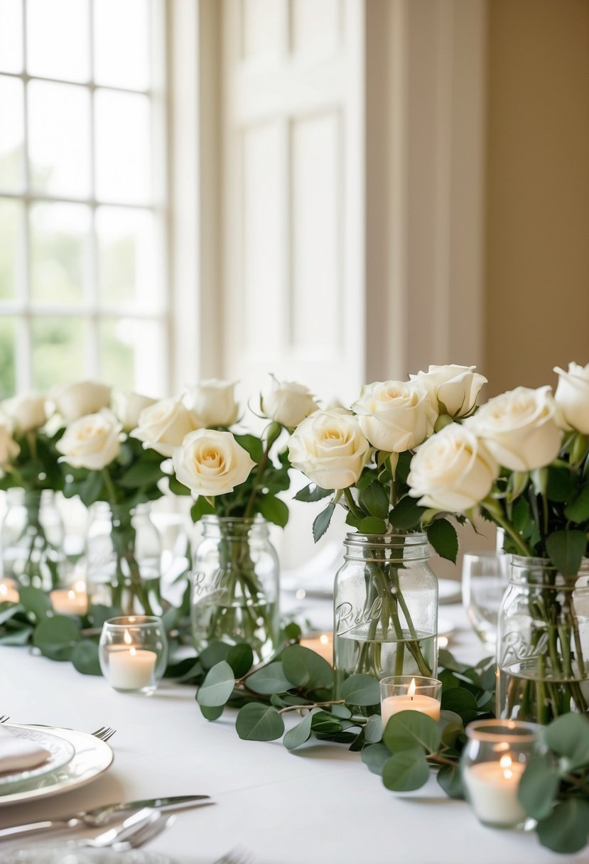 A table adorned with white rose garlands in glass jars for a classic wedding decoration