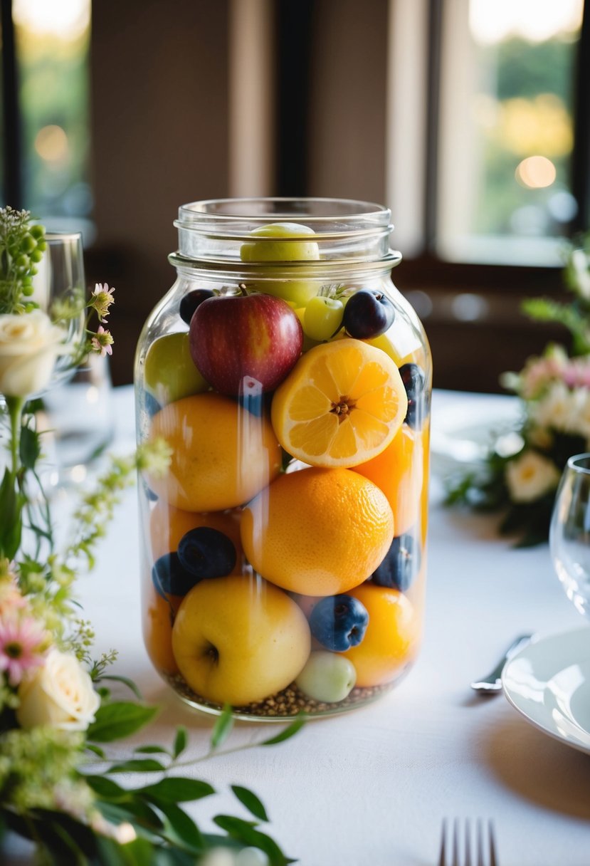 A glass jar filled with seasonal fruits sits as a centerpiece on a wedding table, surrounded by delicate flowers and greenery