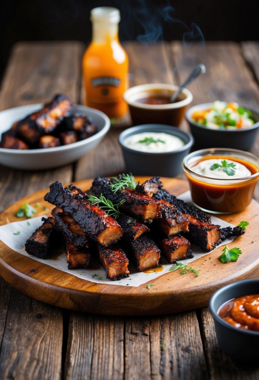 A rustic wooden table adorned with charred and succulent burnt ends, accompanied by an array of barbecue sauces and sides