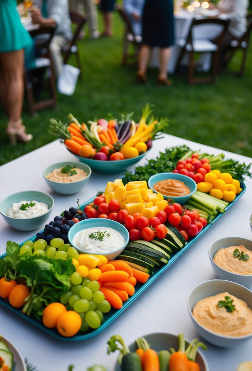 A colorful array of fresh fruits and vegetables arranged on a tray, accompanied by small bowls of various dips, set on a table at a lively outdoor wedding barbecue