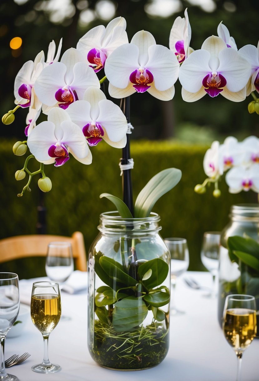 Lush orchids spilling over glass jars, adorning wedding tables