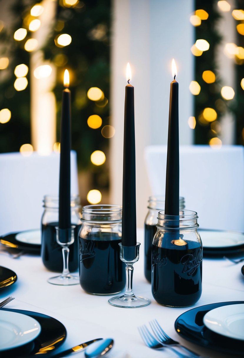 A sleek, modern table setting features black taper candles in glass jars as elegant wedding decorations