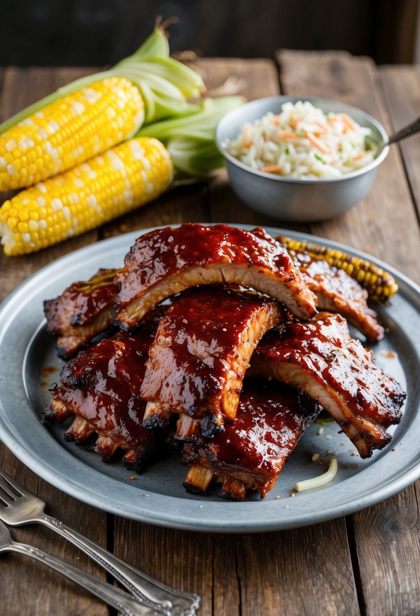 A platter of glistening barbecue baby back ribs, surrounded by grilled corn on the cob and coleslaw, set on a rustic wooden table