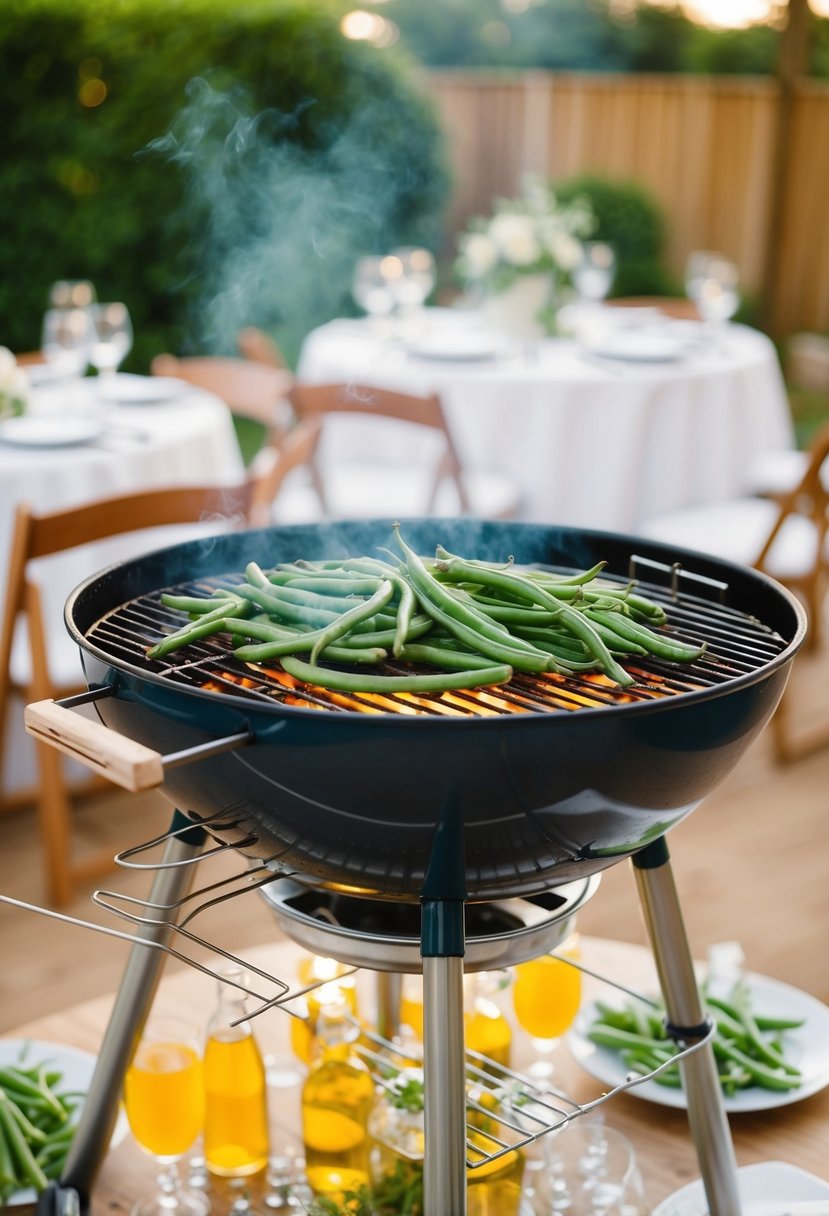 A barbecue grill with sizzling green beans, surrounded by wedding menu ideas