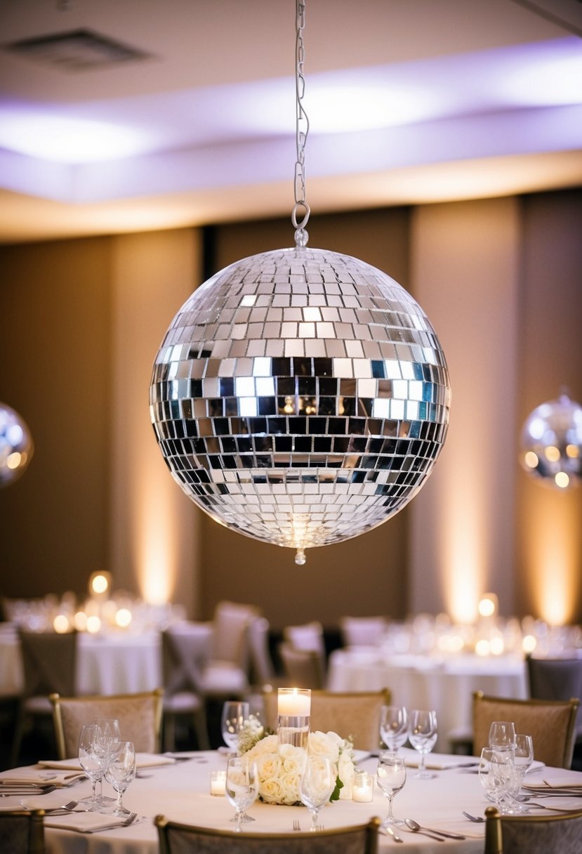 A disco ball suspended above a wedding table, casting shimmering reflections on the surrounding decor