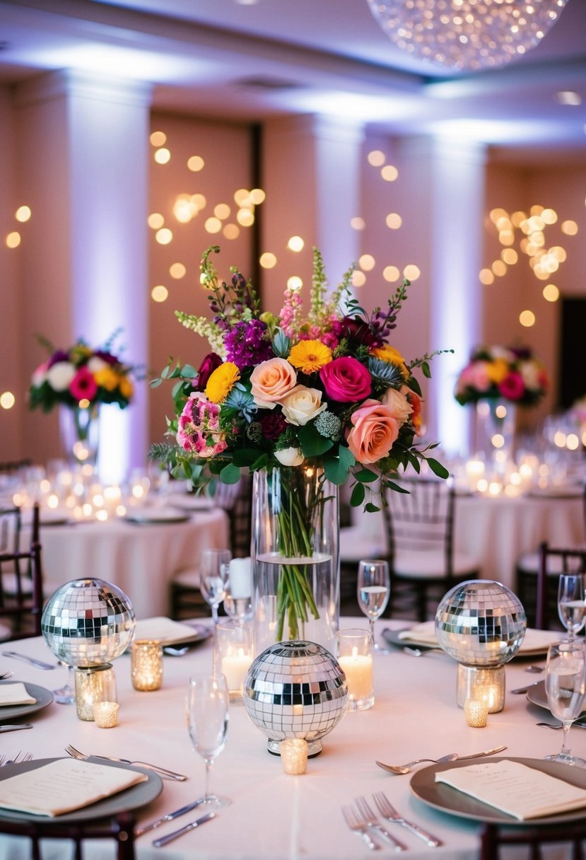 Mini disco ball vases arranged as wedding table centerpieces with vibrant floral arrangements and sparkling lights